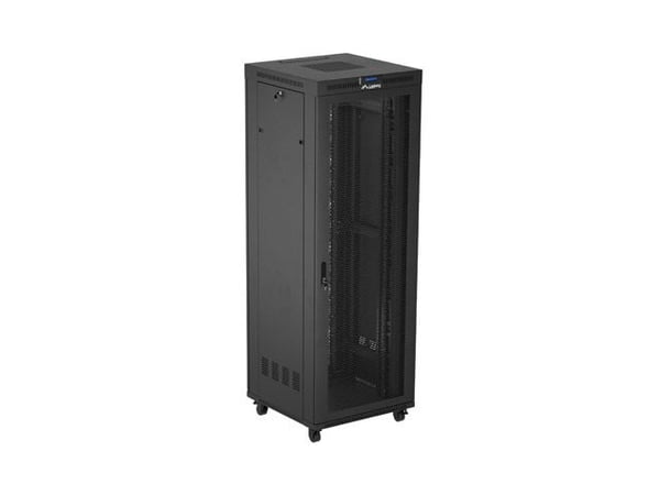 Lanberg FF01 series - Rack skap - 800 x 800, flat pack, with mesh door, LCD - med LCD-skjerm, termostat, 4 kjølevifter - fritt stående, står på gul...