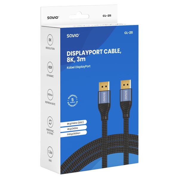 Savio CL-211, 3 m, DisplayPort, DisplayPort, Honkoppling, Honkoppling, Svart