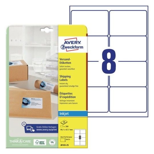 Etiketter Avery J8165-25 QuickDRY™ hvid til inkjet 99,1x67,7 mm - (8 stk. x 25 ark)