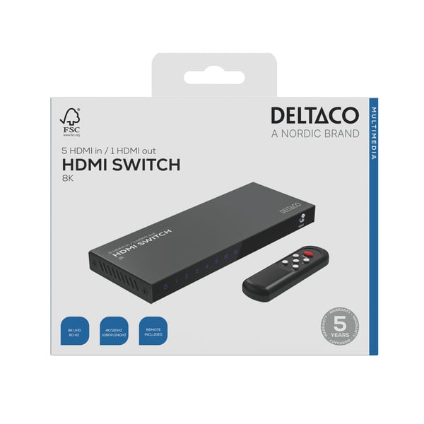 DELTACO - Video-/audiokytkin - 5 tuloa 1 lähtö, 8K@60Hz, kaukosäätimellä - 6 x HDMI - pöytätietokoneet