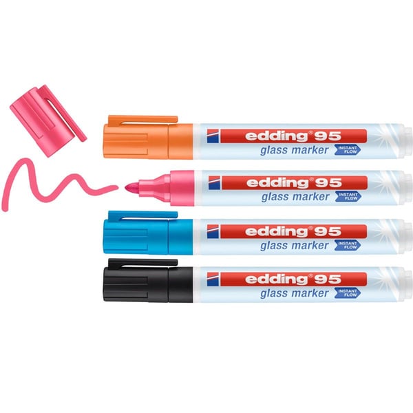 Edding 95 Glass, 4 styck, Svart, Blå, Orange, Rosa, Rundad spets, Multifärg, Plast, 1,5 mm