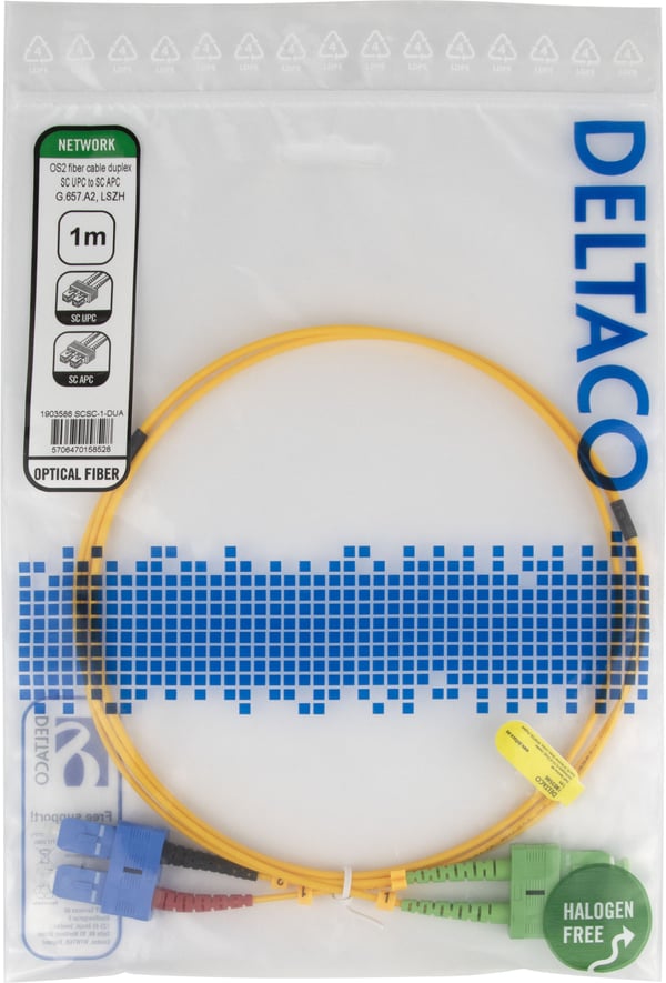 DELTACO - Patch-kabel - SC/UPC till SC/APC - 1 m - 1 m - fiberoptisk - duplex - OS2 - gul