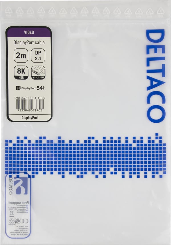DELTACO - DisplayPort-kabel - DisplayPort (hann) låst til DisplayPort (hann) låst - DisplayPort 2.1a - 2 m - VESA DP54 Certified, 8K 60Hz støtte - ...