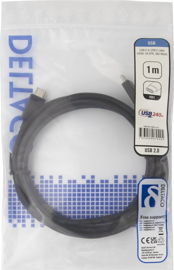 DELTACO - USB-kabel - USB-C (hane) till USB-C (hane) - USB 2.0 - 48 V - 5 A - 1 m - utökat effektområde (EPR), USB-strömförsörjning (240W), stöd fö...