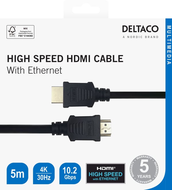 Deltaco Høyhastighets HDMI-kabel med Ethernet, 5 m, svart, 5 m, HDMI Type A (Standard), HDMI Type A (Standard), 3840 x 2160 piksler, 10,2 Gbit/s, S...