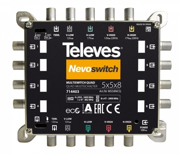 Televes 714403, 5 innganger, 13 utganger, 950 - 2400 MHz, 47 - 862 MHz, 4 dB, 2 dB