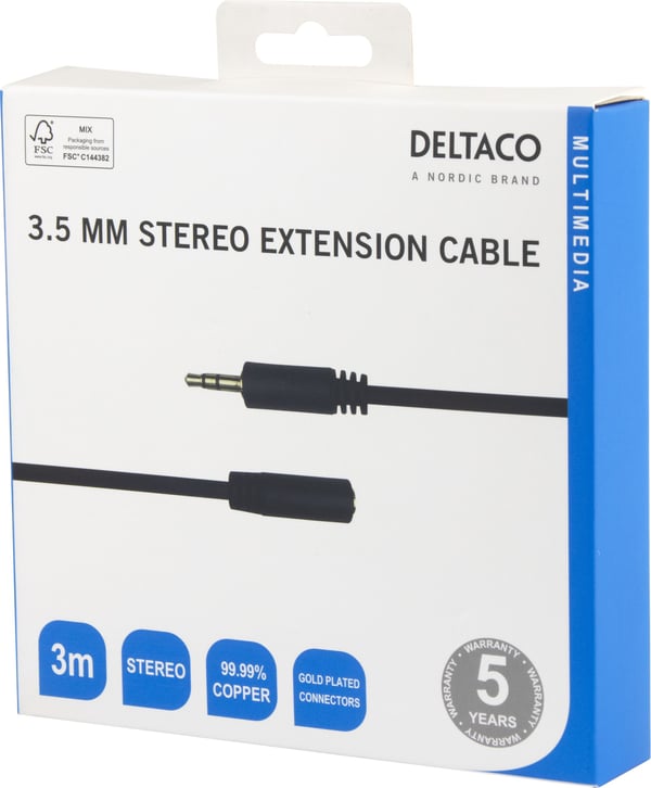 DELTACO - Lydforlengelseskabel - 3,5 mm stereo hann til 3,5 mm stereo hunn - 3 m - svart