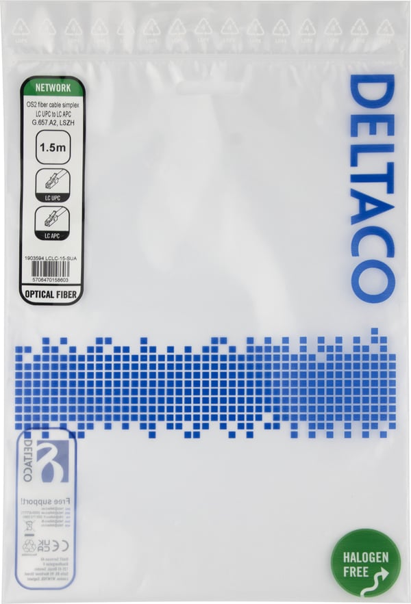 DELTACO - Nettverkskabel - LC/UPC-enkeltmodus (hann) til LC/APC-enkeltmodus (hann) - 1.5 m - 1.5 m - fiberoptisk - simpleks - G.657.A2/OS2 - haloge...