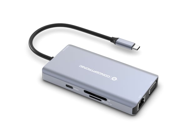 Conceptronic DONN20G, Koblet med ledninger (ikke trådløs), USB 3.2 Gen 1 (3.1 Gen 1) Type-C, 100 W, 3,5 mm, 10,100,1000 Mbit/s, Grå