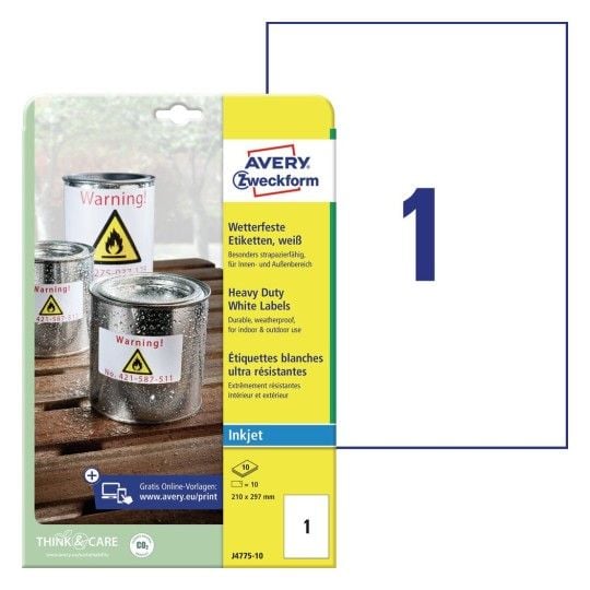 Etiketter Avery J4775 vit polyester A4 (210 x 297 mm) med 10 ark/etiketter