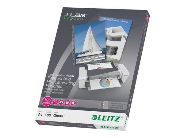 Leitz iLAM esilävistetyt A4-laminointitaskut, 125 mikronia, 100 kpl pakkaus, Kiiltävä, Läpinäkyvä, A4, 0,125 mm, 233 mm, 309 mm
