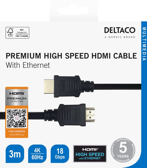 Deltaco Premium-sertifisert høyhastighets HDMI-kabel med Ethernet, 3 m, svart, 3 m, HDMI Type A (Standard), HDMI Type A (Standard), 3840 x 2160 pik...