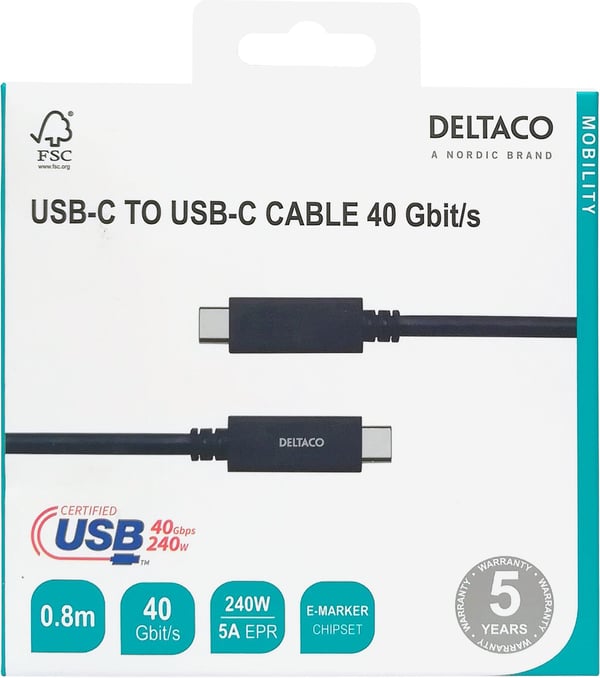 DELTACO - USB-kabel - USB-C (hane) till USB-C (hane) - USB4 Gen 3 - 5 A - 80 cm - utökat effektområde (EPR) - svart