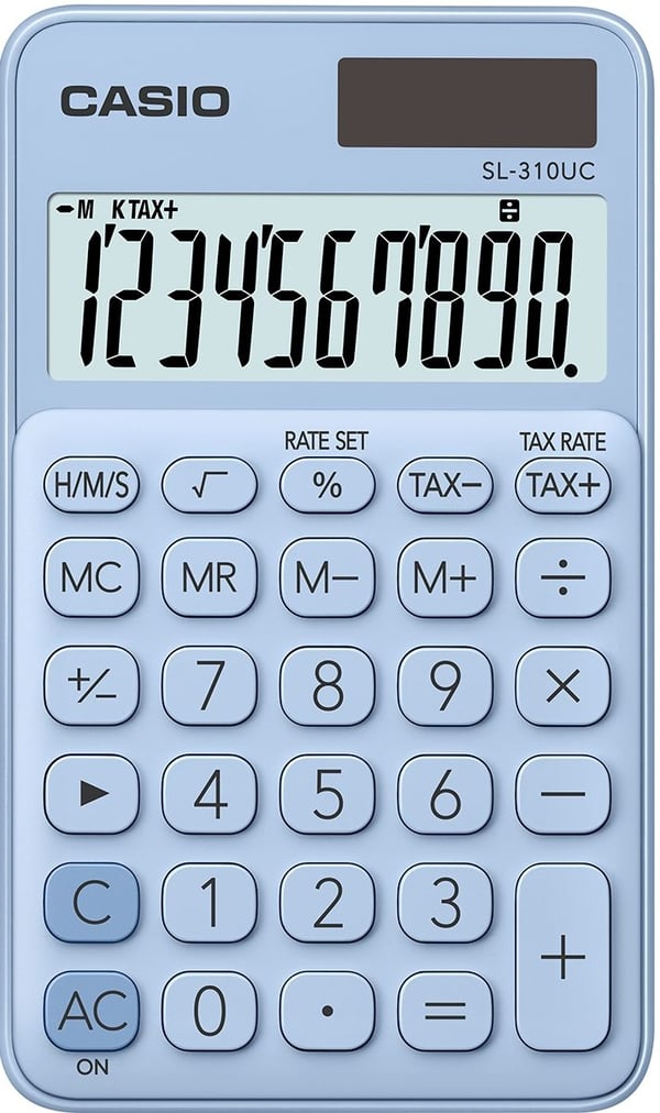 Casio SL-310UC-LB, Tasku, Perus, 10 lukua, 1 linjat, Akku/Aurinko, Sininen