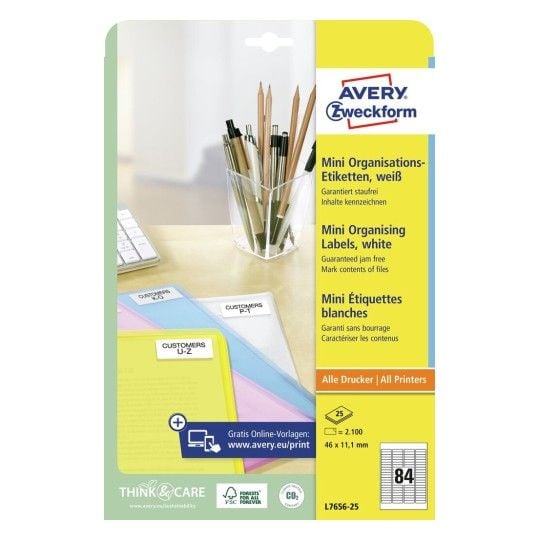 Etiketter Avery Zweckform L7656-25 hvid 1,1x4,6 cm - (84 stk. x 25 ark)