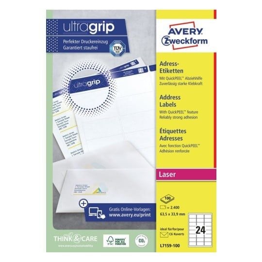 Avery - Hvit - 63.5 x 33.9 mm 2400 etikett(er) (100 ark x 24) adresselapper