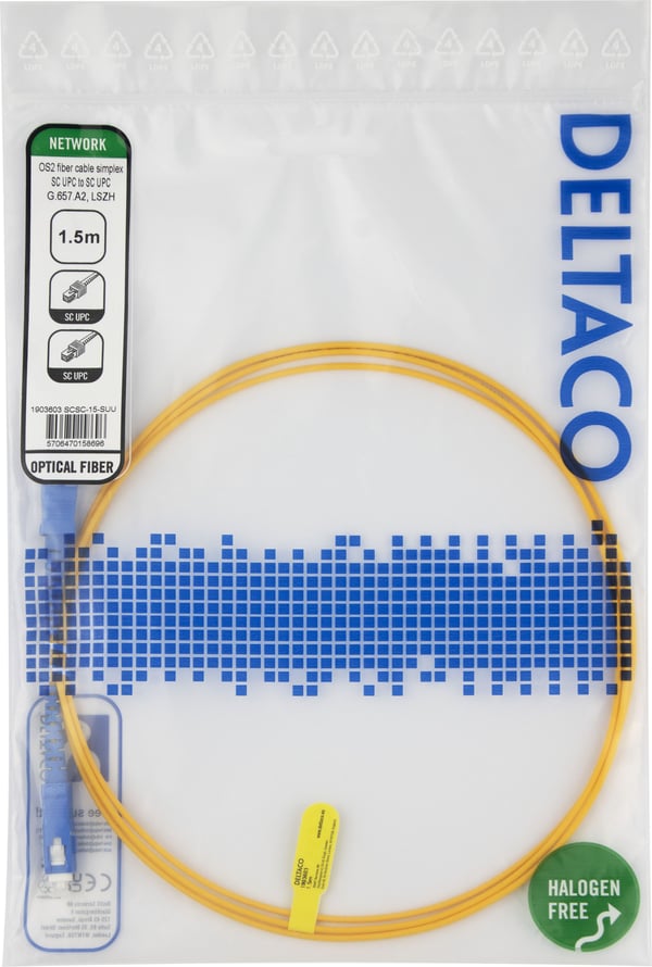 DELTACO - Liitäntäkaapeli - SC/UPC - SC/UPC - 1,5 m - 1,5 m. - valokuitu - simplex - OS2 - halogeeniton - keltainen