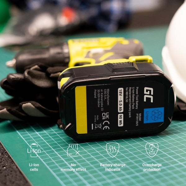 Green Cell PTRY18V5 verktøybatteri 18 V 5,0 Ah, for Ryobi ONE+ RB18L50