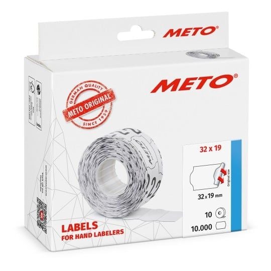 METO prisetiketter 32x19 mm hvite, permanent selvklebende - perfekt for prispistoler med 2 linjer - (10 ruller x 1000 stk.)