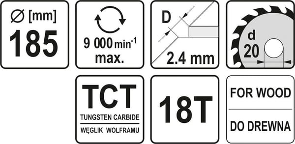 Yato YT-6063, Trä, 18,5 cm, 2 cm, Tungsten Carbide Tipped (TCT), 9000 RPM, 374 g