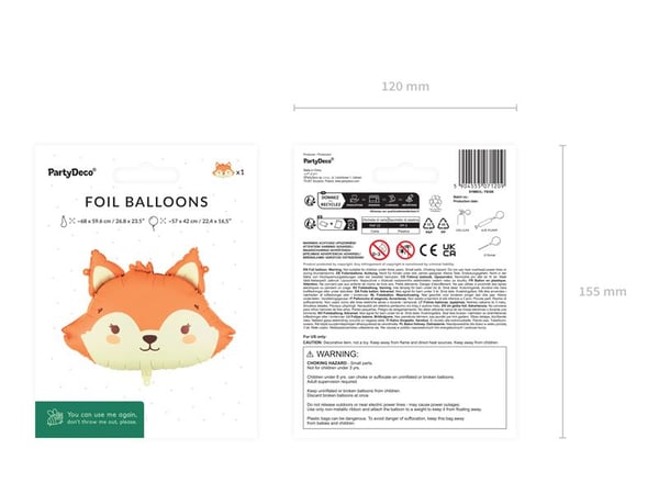 PartyDeco FB366, Lekeballong, Folie, Oransje, Beige, Dyr, Gutt/Jente, 680 mm
