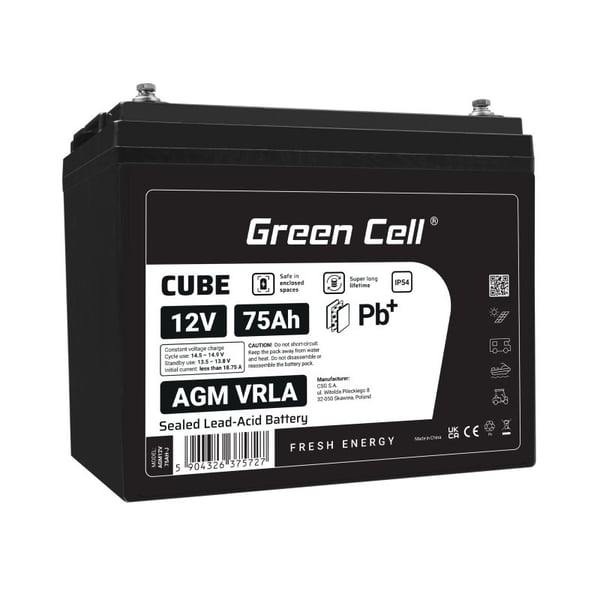 Green Cell AGM12V75AH-J, 12 V, 75 ah, 1 kpl, 5 vuosi/vuosia, Musta, Sealed Lead Acid (VRLA)
