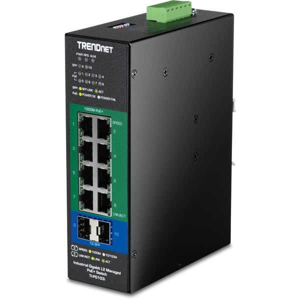 TRENDnet TI-PG103I - Version V1 - switch - industrial, L2, 24-57V - Styrt - 8 x 10/100/1000 (PoE+) + 2 x Gigabit SFP - DIN-skinnemonterbar - PoE+ (...
