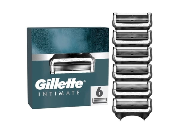 Gillette Intimate Razor Blades 6 Replacement Blades for Men's Wet Shavers with Improved Glide Strips for Gentle Application and Shower Hanger for E...