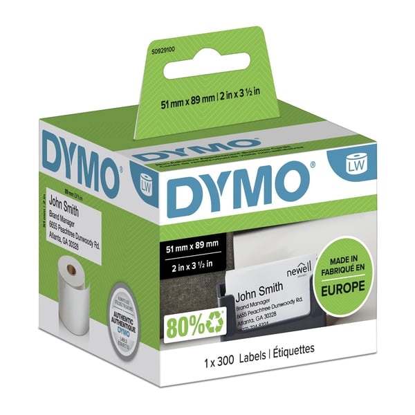 DYMO LW - Ajanvarauskortit/nimikortit - 51 x 89 mm - S0929100, Valkoinen, Liimaton tulostustarra, Paperi, Suorakulmio, LabelWriter, 5,1 cm