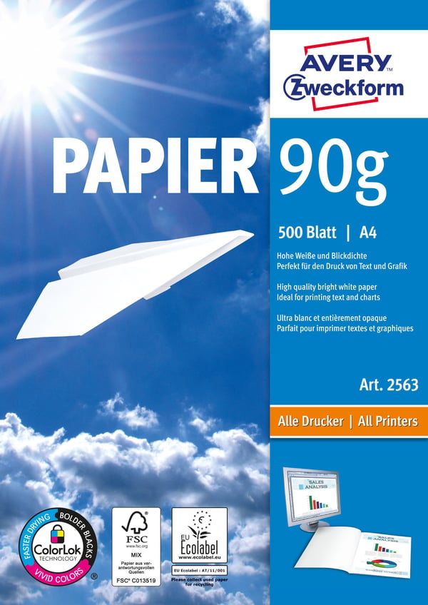 Avery Format Papier A4 90 g/m² 500 Sheets, Laser-/Mustesuihkutulostus, A4 (210x297 mm), Matta, 90 g/m², Valkoinen, FSC Mix Credit
