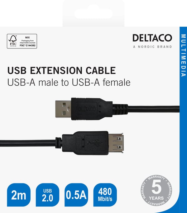 DELTACO - USB-förlängningskabel - USB (hane) till USB (hona) - USB 2.0 - 2 m - svart