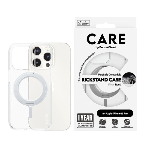 CARE by PanzerGlass - Baksidesskydd för mobiltelefon - MagSafe-kompatibilitet - återvunnen plast - transparent, silver - för Apple iPhone 15 Pro
