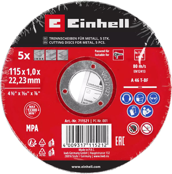 Einhell 49711521, Kutteskive, Metall, Rustfritt stål, Einhell, 11,5 cm, Sort, Rød, 1 mm