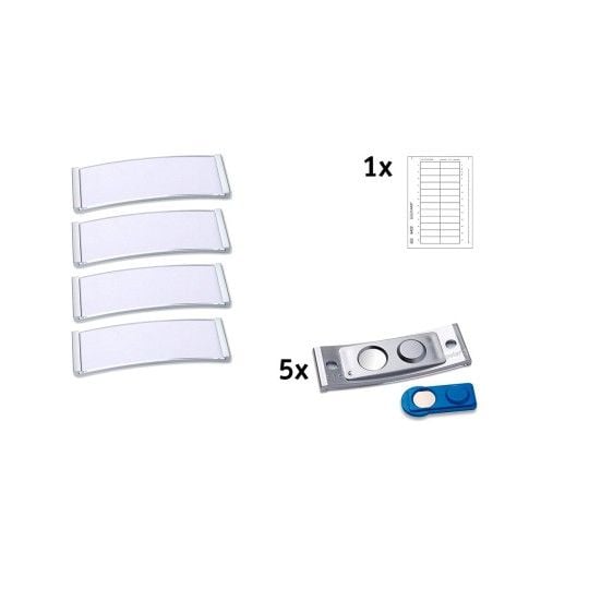 Navneskilt Badgepoint® 68x22 mm, Polar® Classic 20 Medarbejderskiltesæt, skilte med rustfri stålramme, akrylglas og printbare indstik - 5 skilte in...