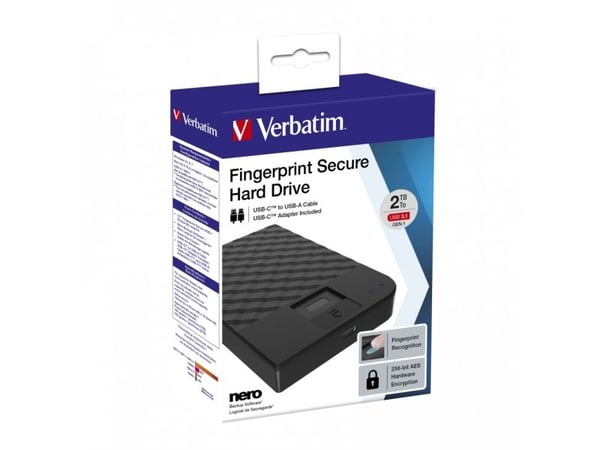 Verbatim Fingerprint Secure, 2000 GB, 3.2 Gen 1 (3.1 Gen 1), Musta