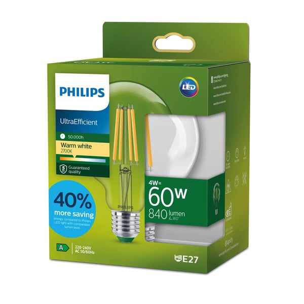 Philips - LED-glödlampa med filament - form: G95 - klar finish - E27 - 4 W (motsvarande 60 W) - klass A - varmt vitt ljus - 2700 K