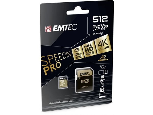 EMTEC SpeedIN' PRO - Flashminnekort (SD-adapter inkludert) - 512 GB - A2 / Video Class V30 / UHS-I U3 / Class10 - 670x - microSDXC UHS-I