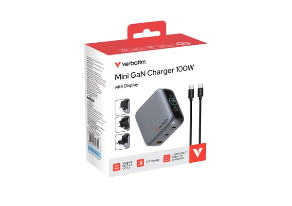 Verbatim - Strømadapter - mini, GaN, med skjerm - 100 watt - Power Delivery 3.0 + PPS, QC 3.0 - 3 utgangskontakter (2 x USB-C, USB-type A)