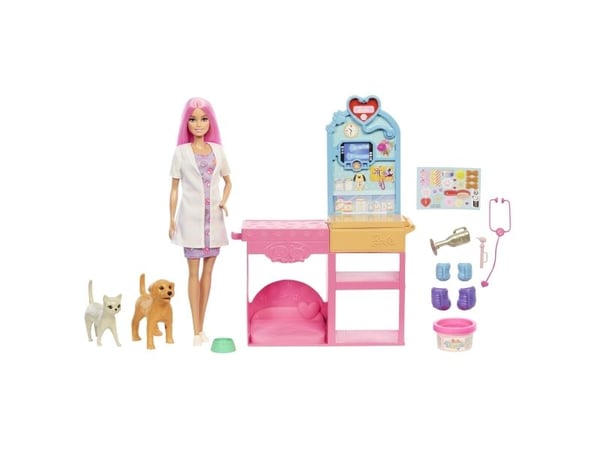 Barbie Fast Cast JFX93 eläinlääkäriklinikan leikkisetti, 10+ tarviketta