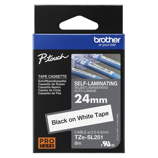Brother TZe-SL251 - Selv-adhesiv - svart på hvitt - Rull (2,4 cm x 8 m) 1 kassett(er) laminert teip - for P-Touch PT-D800W, PT-E550WSP, PT-E550WVP