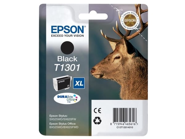 Epson Stag T1301 Peura DURABrite Ultra, yksittäispakkaus, musta muste, High (L) Yield, Musta, Väriainepohjainen muste, 25,4 ml, 25,4 ml, 1 kpl
