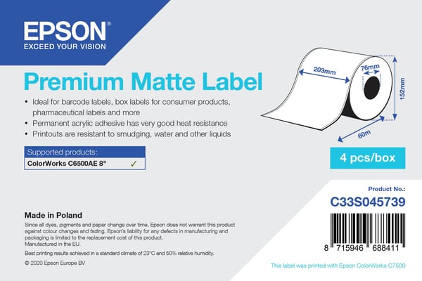 Epson Premium Matte Label - Continuous Roll: 203mm x 60m, Valkoinen, Merkintänauha, Mustesuihku, Akryyli, Kiinteä, Matta