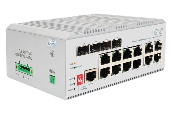 DIGITUS - Switch - industrial, L2 - Styrt - 8 x 10/100/1000 (PoE+) + 4 x kombo for Gigabit Ethernet/Gigabit SFP - DIN-skinnemonterbar - PoE+ (185 W)
