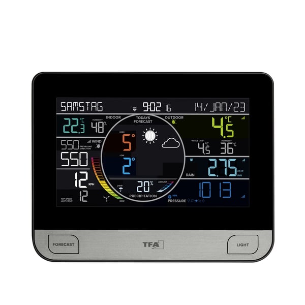 TFA-Dostmann View Pro, Svart, Anemometer (vindhastighet), Inomhushygrometer, Inomhustermometer, Utomhusbarometer,..., Barometer, hygrometer, Regn, ...