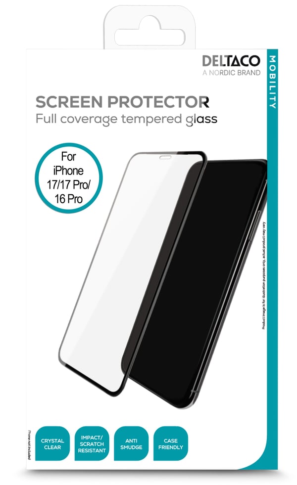 DELTACO - Matkapuhelimen näytönsuojus - täydellinen istuvuus - lasi - kehyksen väri musta - Apple iPhone 16 Pro, 17, 17 Pro:lle