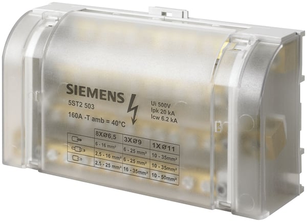 Siemens fördelningsblock 160A 4P 500V 1x10-35mm2 3x6-25mm 8x2,5-16mm2 5ST2503