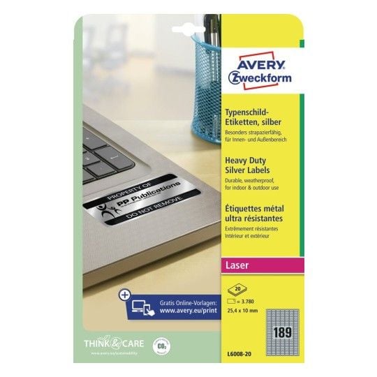 Avery Heavy Duty Laser Labels - Polyester - sølv - 10 x 25.4 mm 3780 stk (20 ark x 189) merkelapper