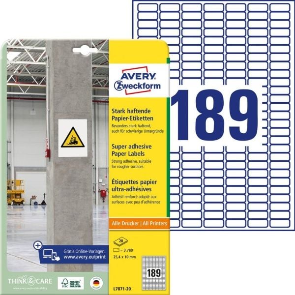 Avery L7871-20, Hvit, Rektangel, Permanent, DIN A4, Papir, Laser/Blekkskriver