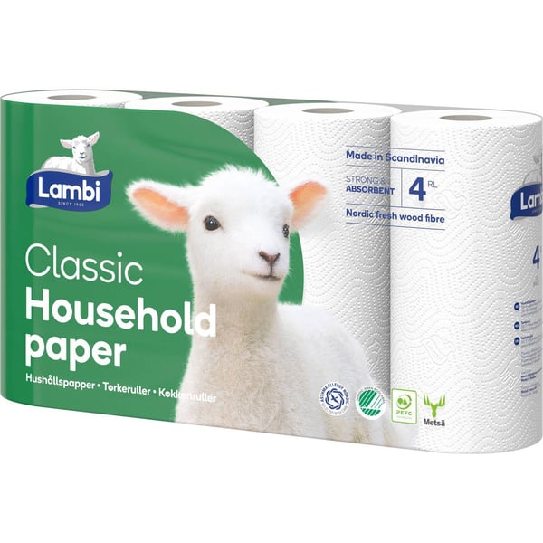 Hushållspapper Lambi Classic 2-lagers L12.33 m Svanenmärkt vit, 5 pk x 4 rullar/påse (20 st.)