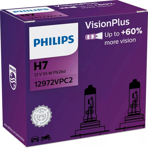 Philips VisionPlus 12972VPC2 Bättre säkerhet och komfort, 55 W, 12 V, H7, halogen, 2 styck